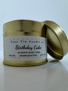 Homemade Candle Birthday Cake fragrance 100ml rose gold tin with birthday cake white and black label Front of Candle