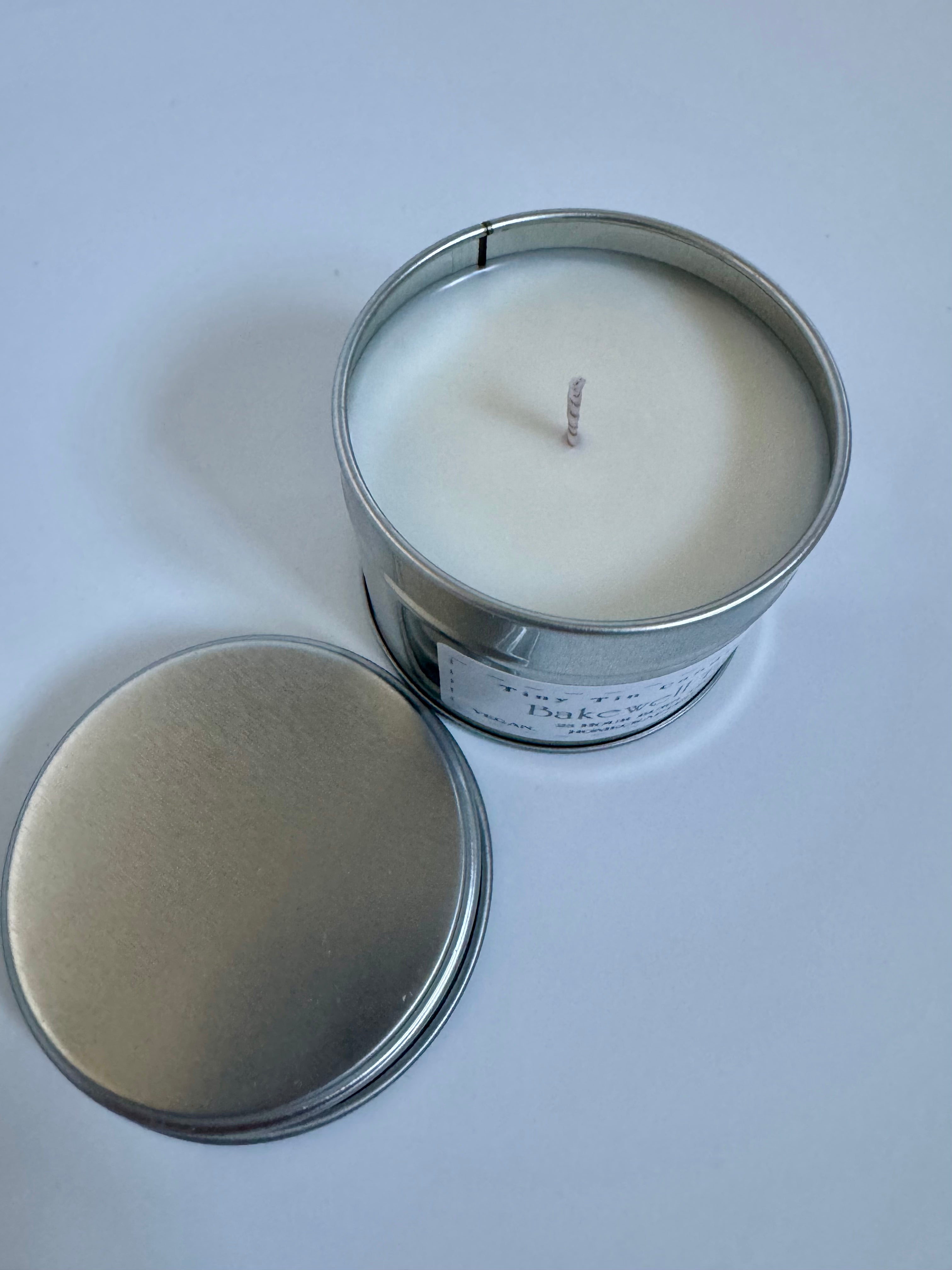 Homemade Candle Soy Tin Candle Bakewell Tart 100ml , top of candle and lid