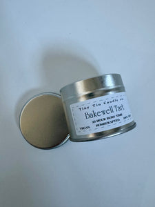 Homemade Candle Soy Tin Candle Bakewell Tart 100ml , candle on its side 