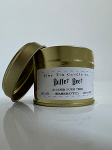  Tiny Tin Candle Co.'s 'Butter Beer' handmade candle Front of candle and side of lid