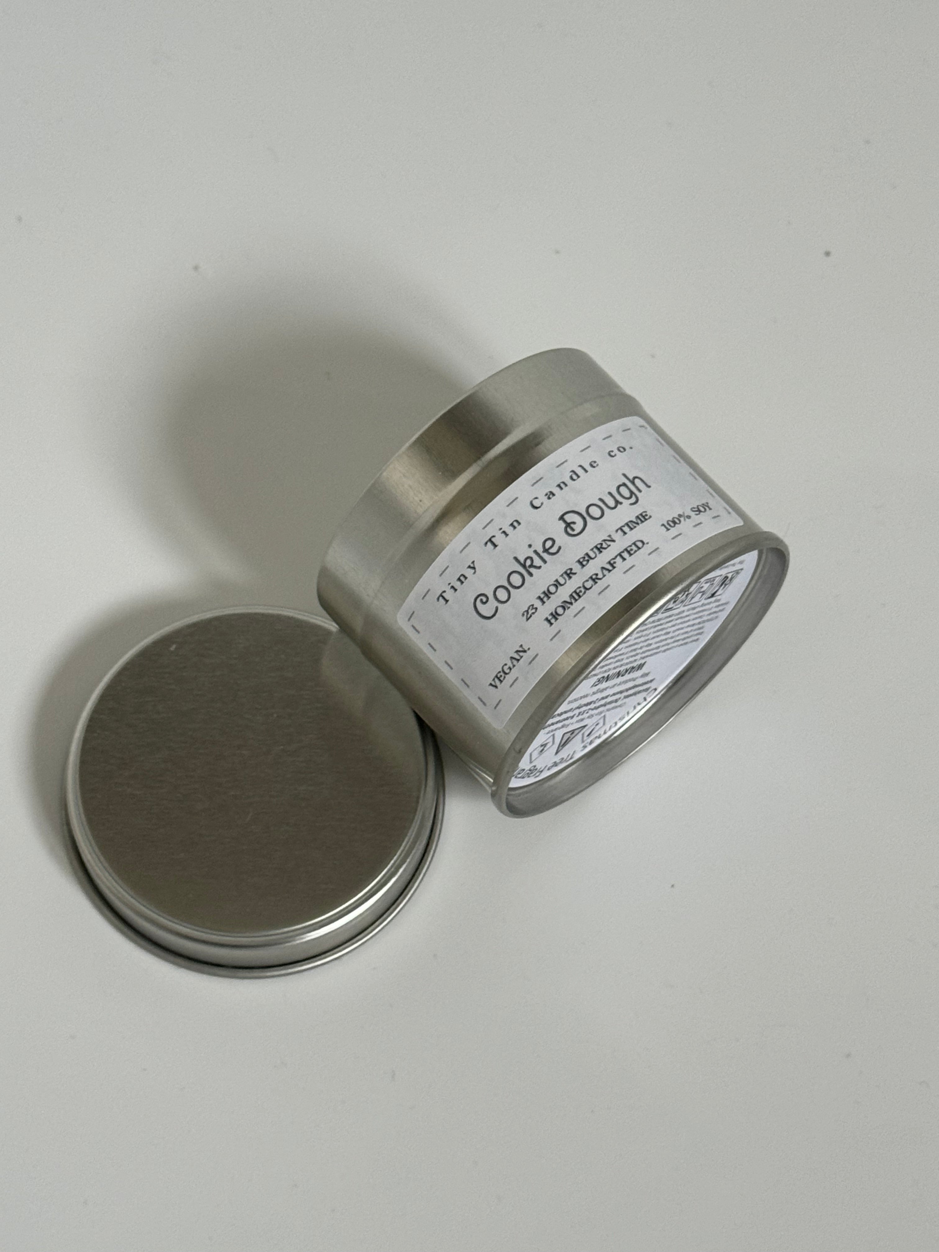 Homemade Candle Cookie Dough Soy Tin Candle 100ml, candle on its side to show bottom and front