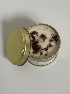 Homemade Candle Cookies and Cream Soy Candle 100ml Tin, top of candle and lid shown