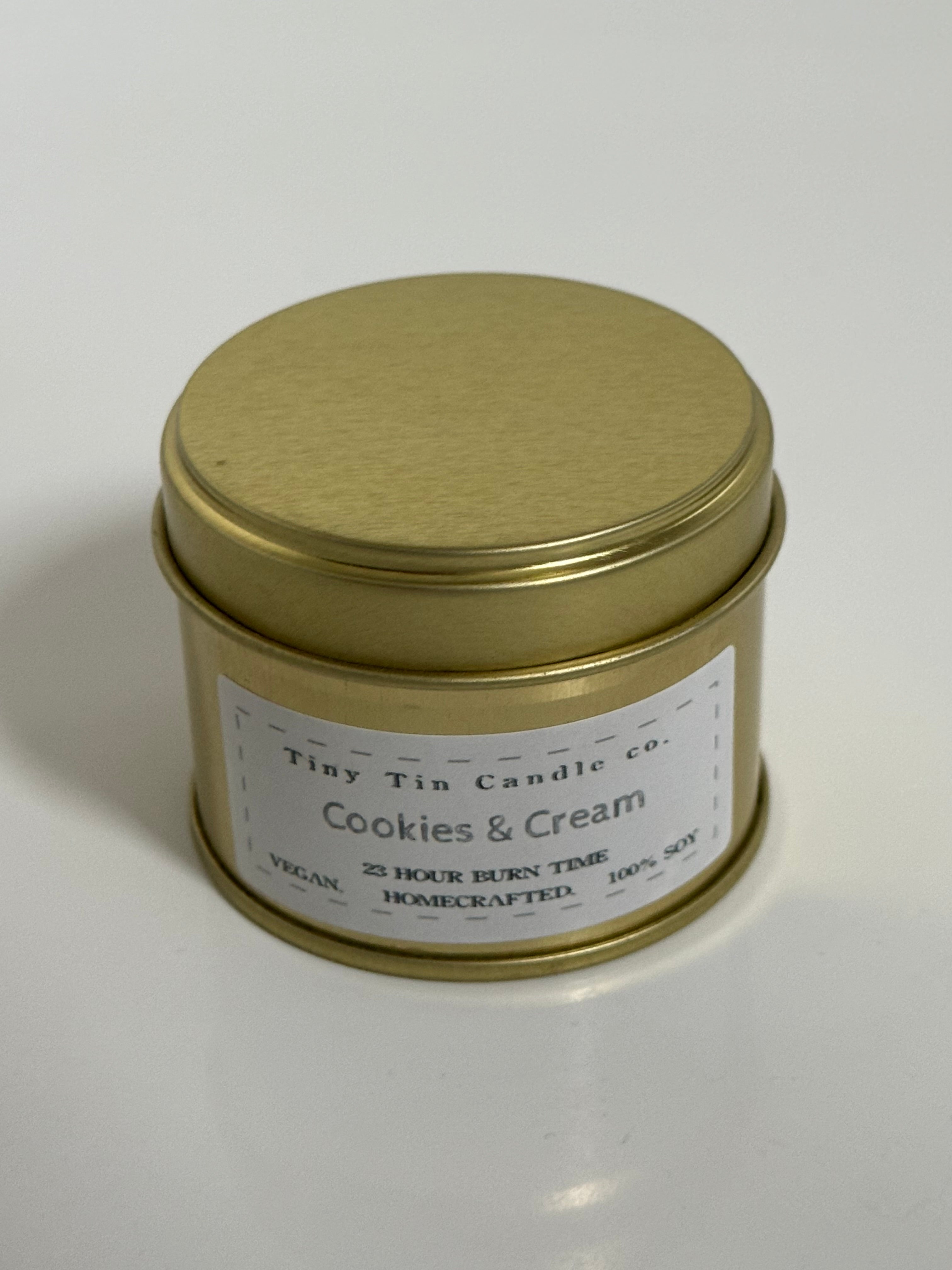 Homemade Candle Cookies and Cream Soy Candle 100ml Tin, candle front with lid on 