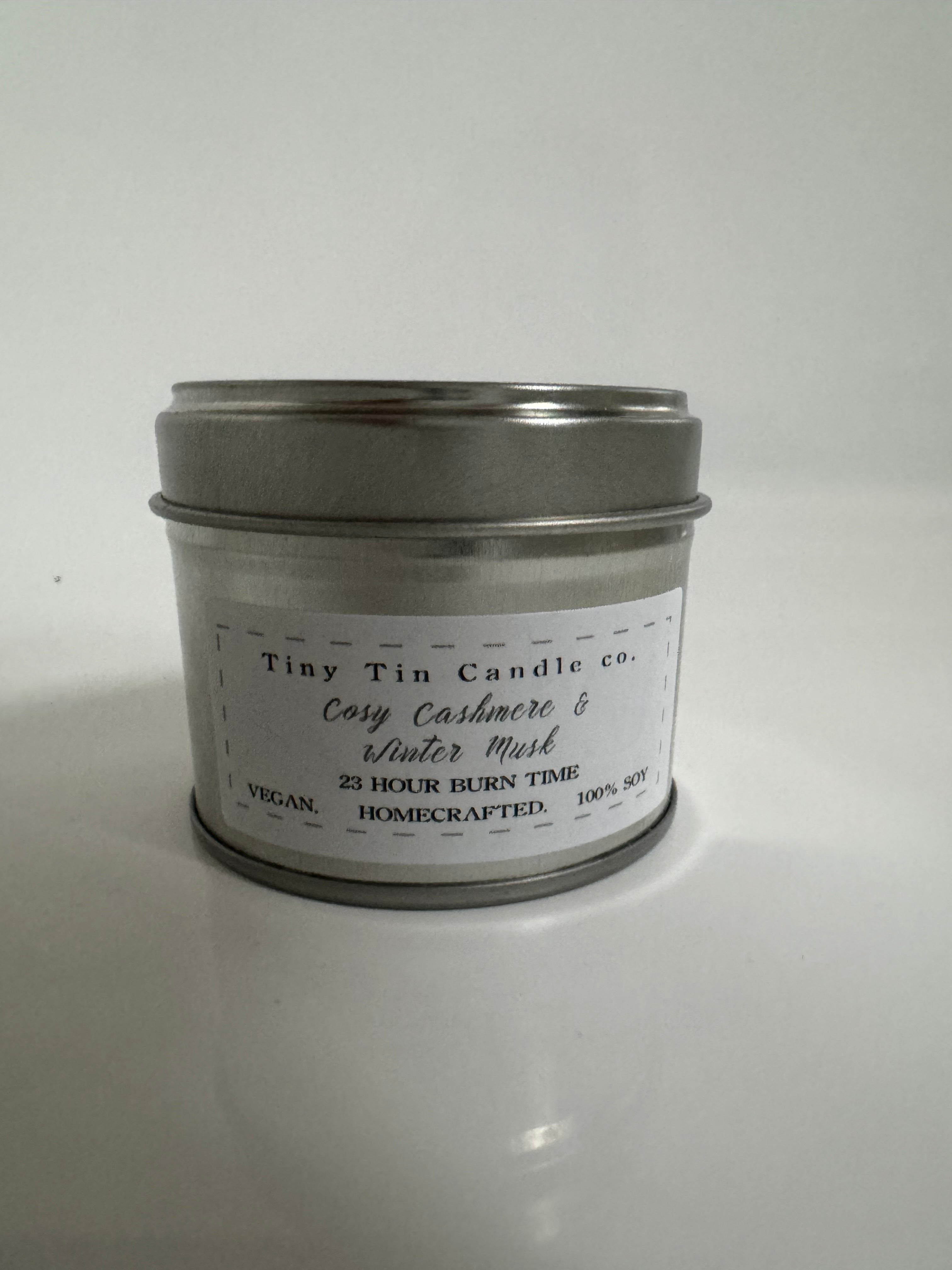 Homemade Candle Cosy Cashmere & Winter Musk 100ml Soy Tin Candle , front of candle with lid on 