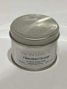 Homemade Candle Chocolate Orange Soy Candle 100ml Tin, front of tin candle with lid on