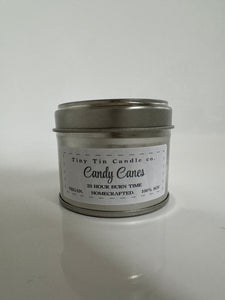 Homemade Candle Candy Cane Christmas 100ml Soy Tin Candle, shows front of candle with lid on