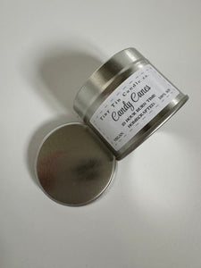 Homemade Candle Candy Cane Christmas 100ml Soy Tin Candle, Candle on side showing side of candle and lid