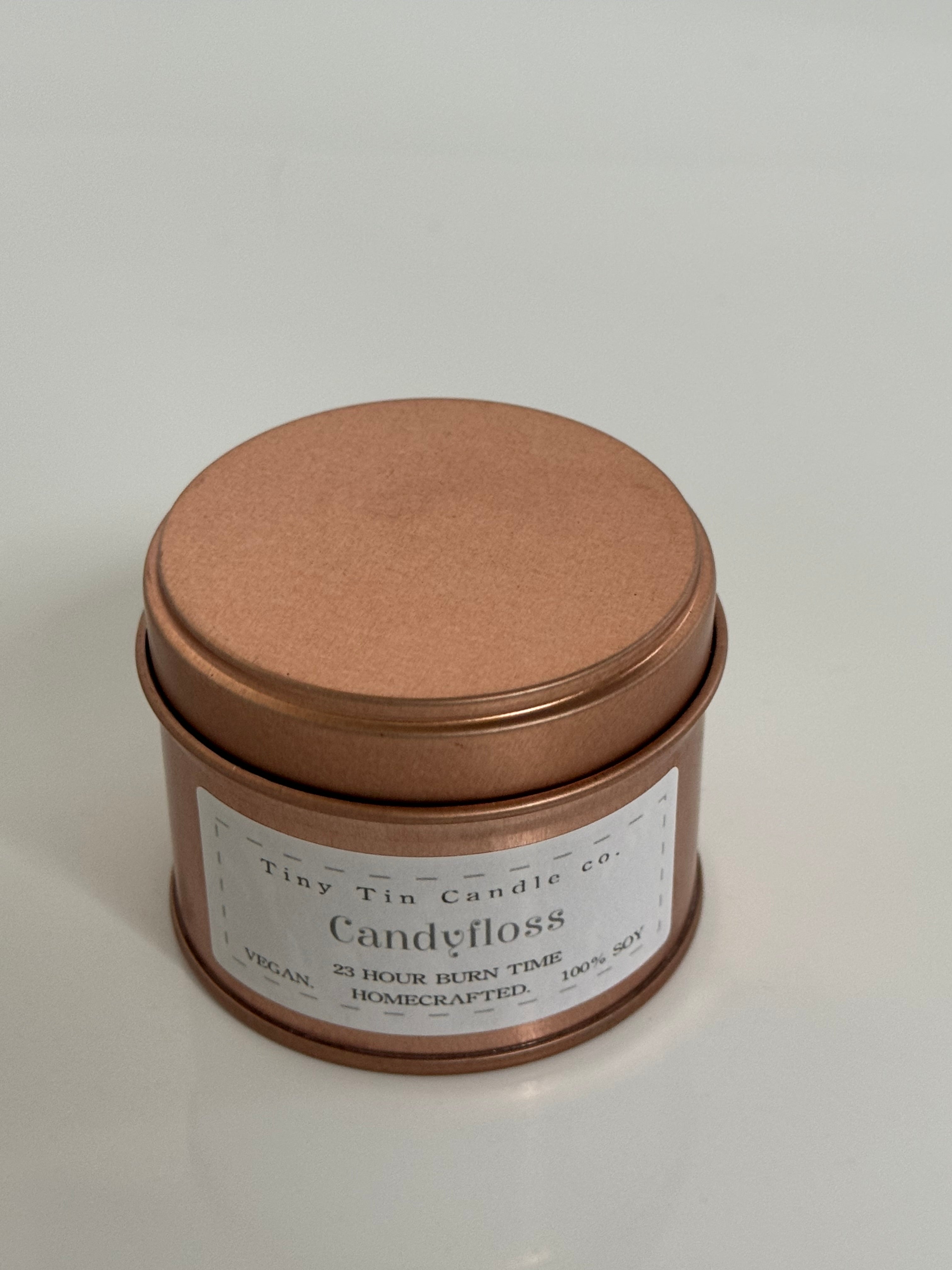 Homemade Candle Candy floss Soy Candle Tin 100ml , front of candle with lid on