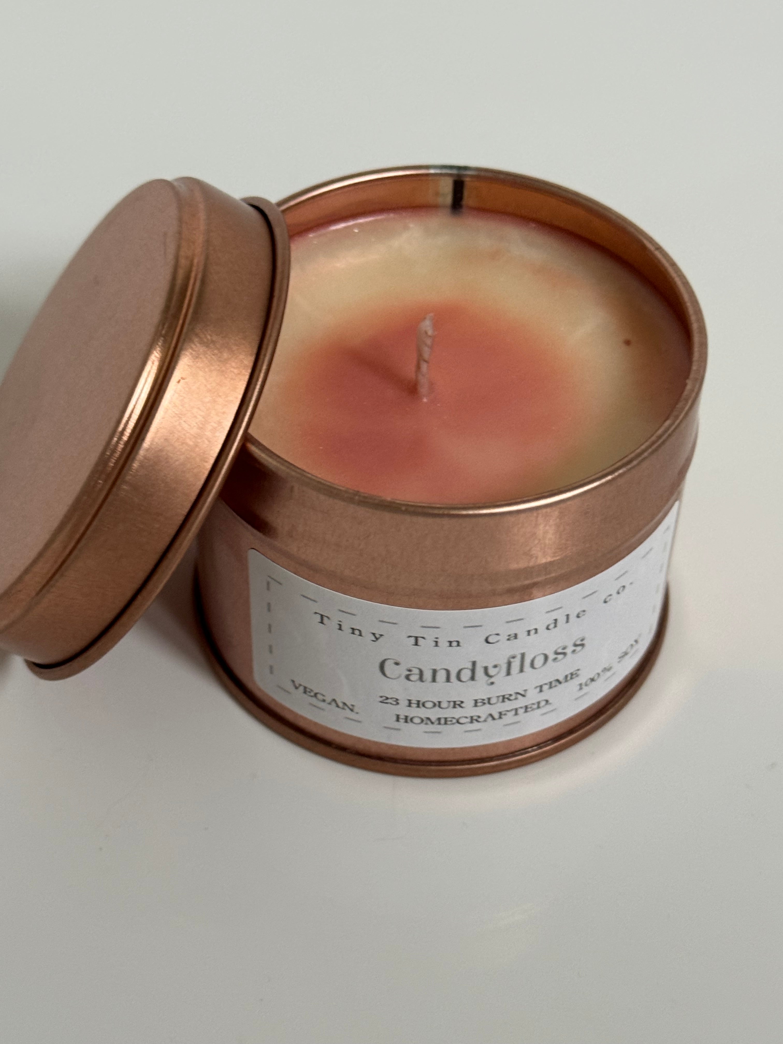 Homemade Candle Candy floss Soy Candle Tin 100ml , Top of candle and front of candle