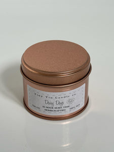 Homemade Candle Daisy Days Soy Tin Candle 100ml. Front of Candle with lid on.