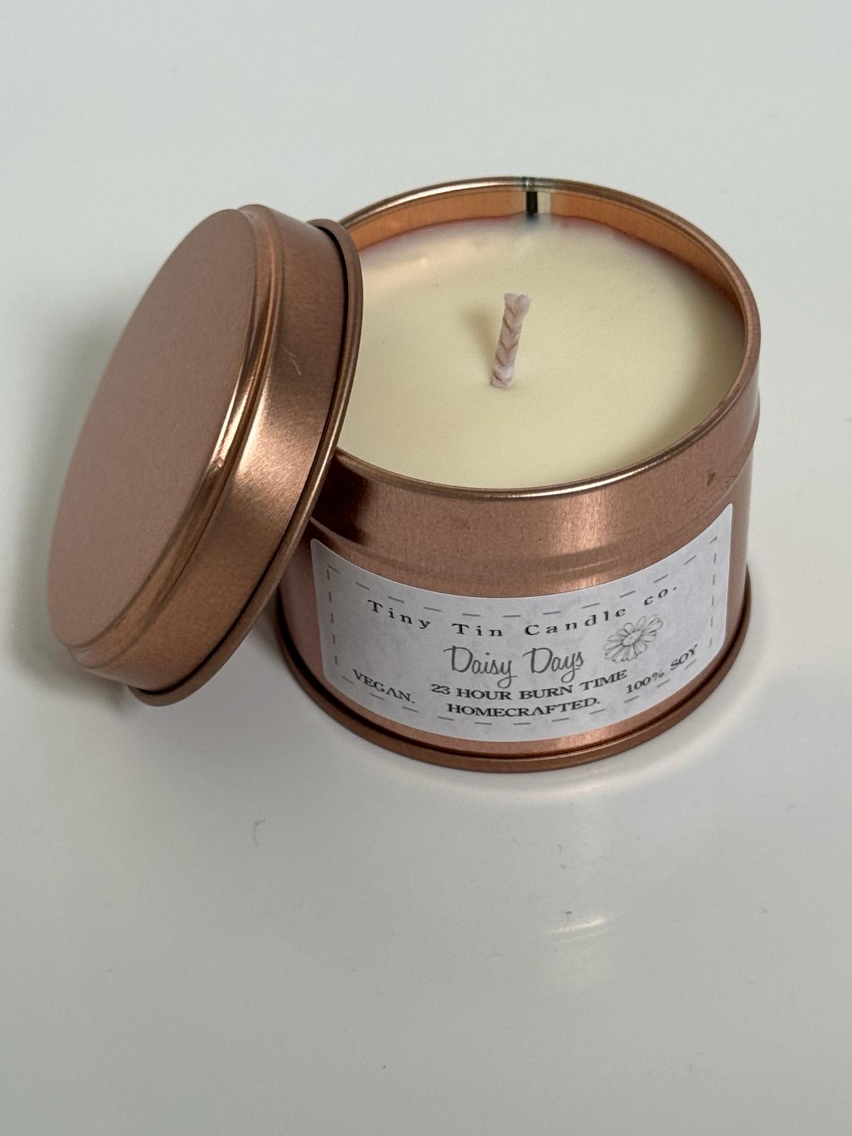 Homemade Candle Daisy Days Soy Tin Candle 100ml, front of candle and top.