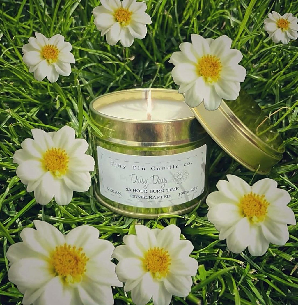 A lit homemade candle from Tiny Tin Candle Co. named Daisy Days, with a 23-hour burn time, nestled among fresh white daisies on lush green grass. The vegan, 100% soy, handcrafted candle is presented in an open, reflective gold tin, highlighting its artisanal quality