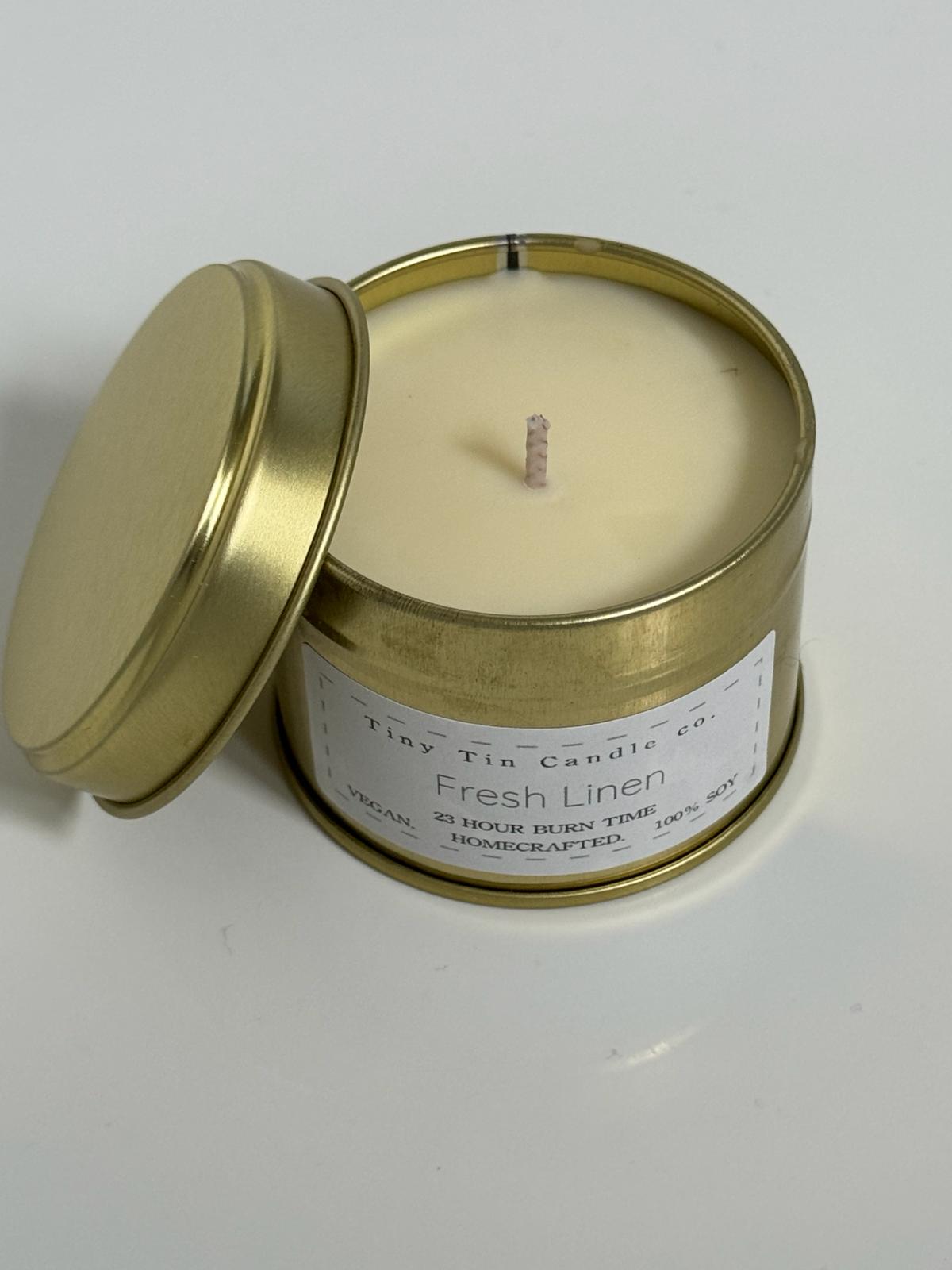 Homemade Candle Fresh Linen Soy Candle Tin 100ml. Top and front of candle 