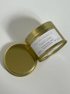 Homemade Candle Fresh Linen Soy Candle Tin 100ml, side of candle and bottom.