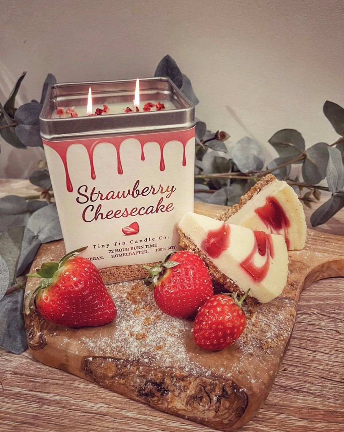 Large Strawberry Cheesecake Candle - 600ml Tin | Sweet & Creamy Scent | Double Wick Soy Candle | Perfect Christmas Gift