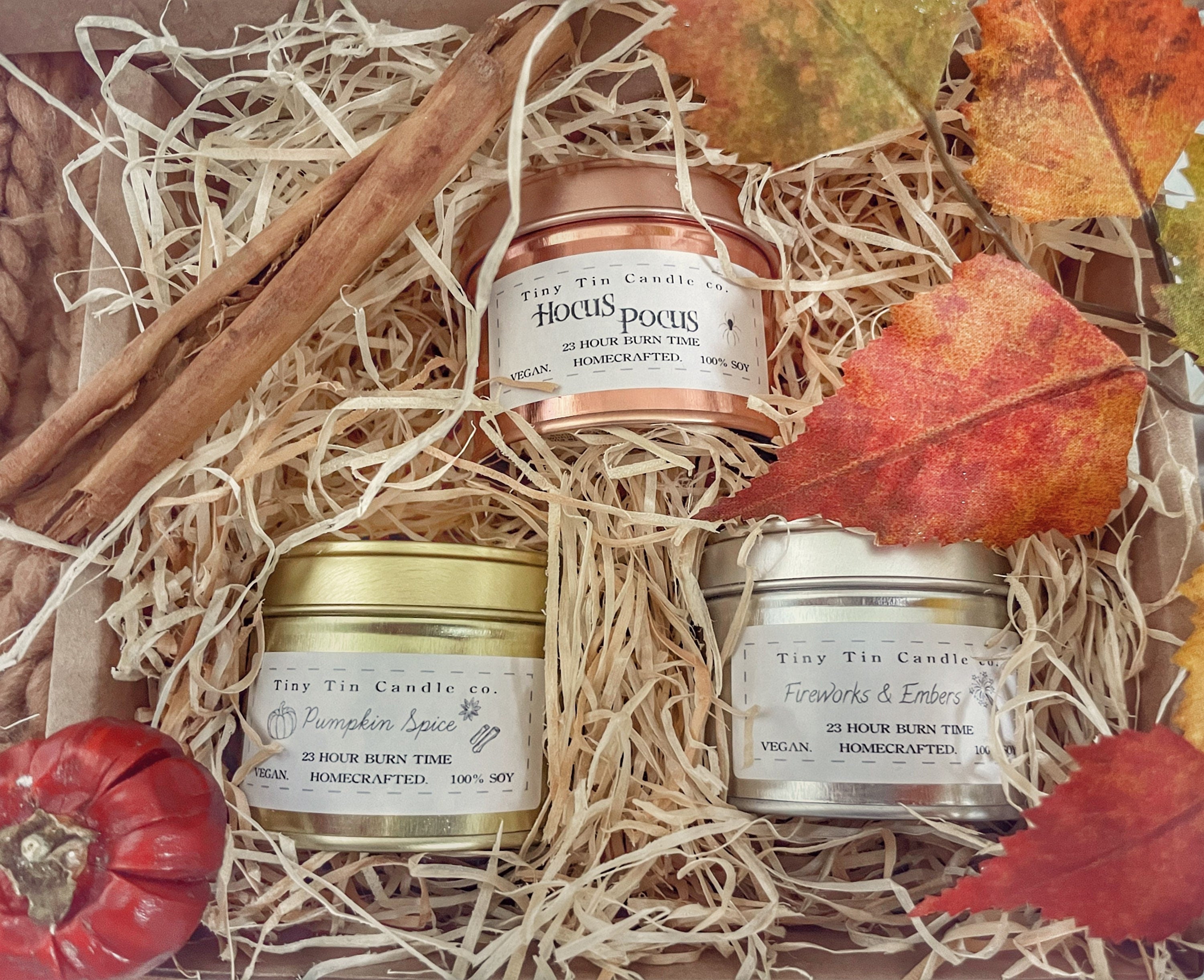 Set of 3 Autumn Soy Candles | Pumpkin Spice, Hocus Pocus, Fireworks & Embers | 100ml Tin Candles
