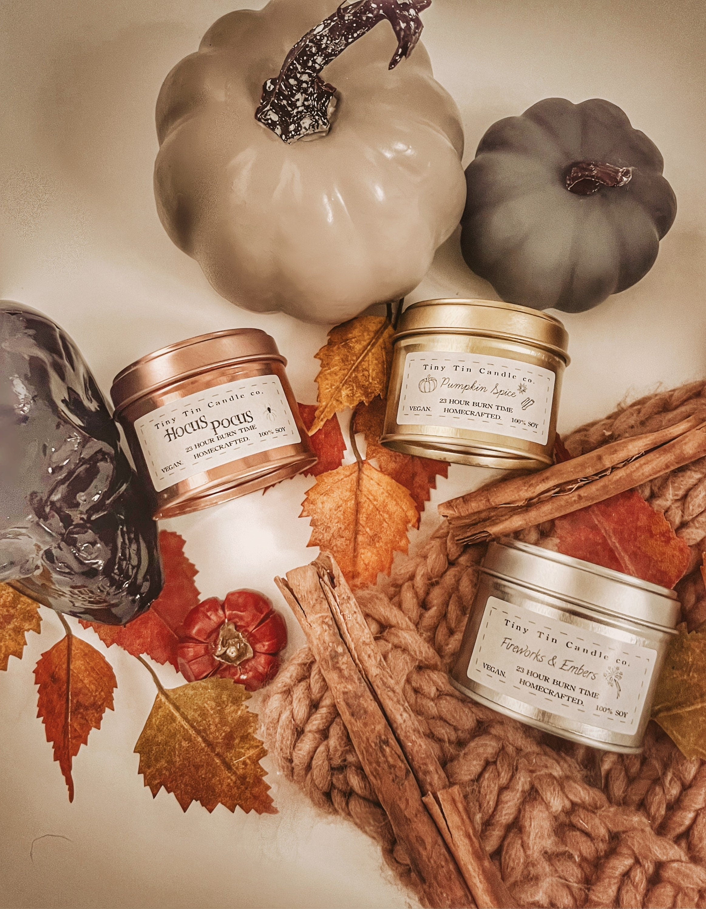 Set of 3 Autumn Soy Candles | Pumpkin Spice, Hocus Pocus, Fireworks & Embers | 100ml Tin Candles