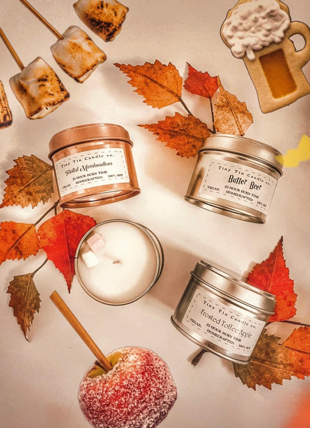 Set of 3 Autumn Treats Candles - Toffee Apple, Butter Beer, Toasted Marshmallow | 100ml Tin Soy Candles | Perfect Gift