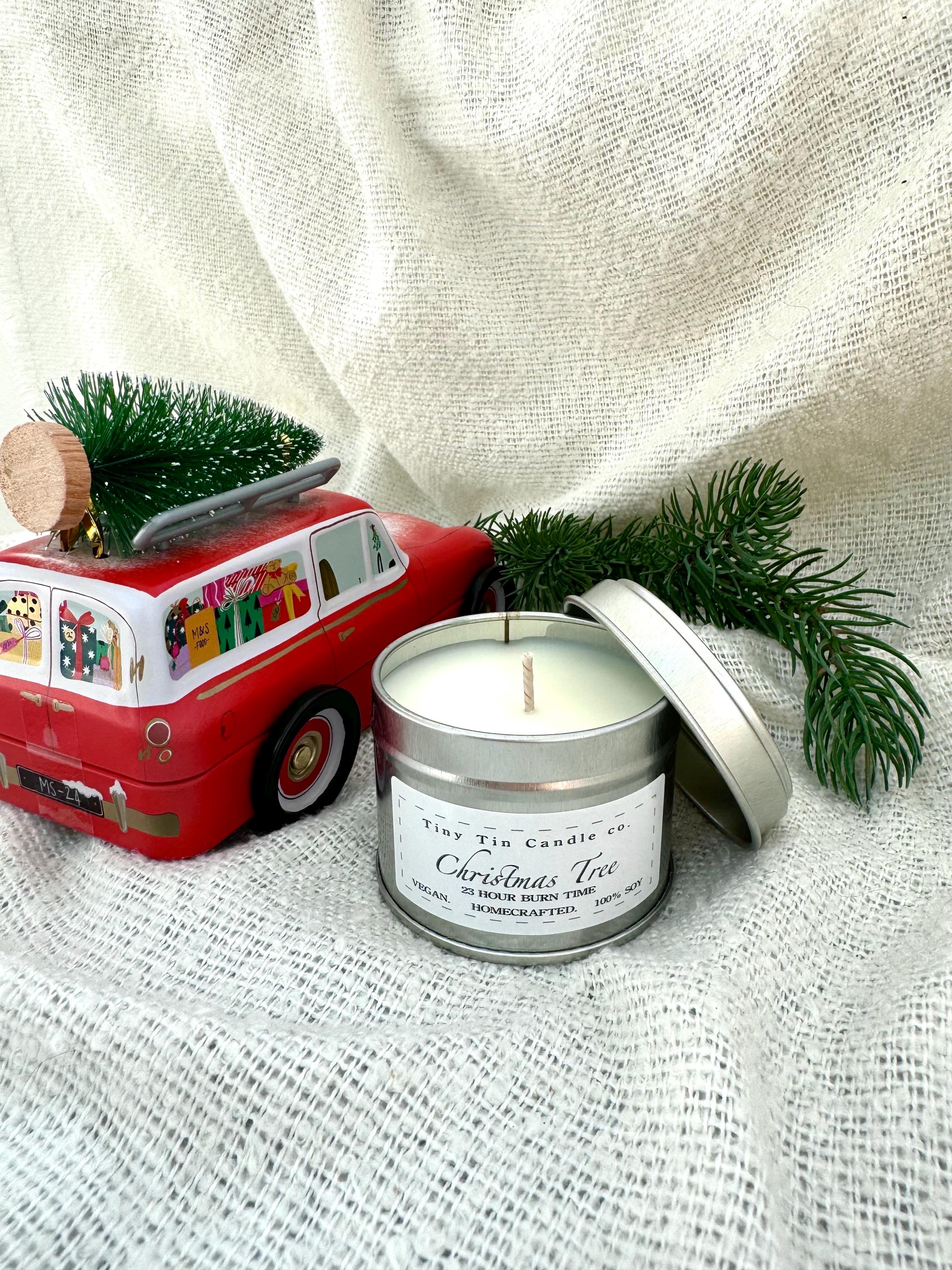 Christmas Tree Soy Candle - 100ml Tin | Fresh Pine Holiday Scent | Vegan-Friendly, Long-Lasting Handmade Candle
