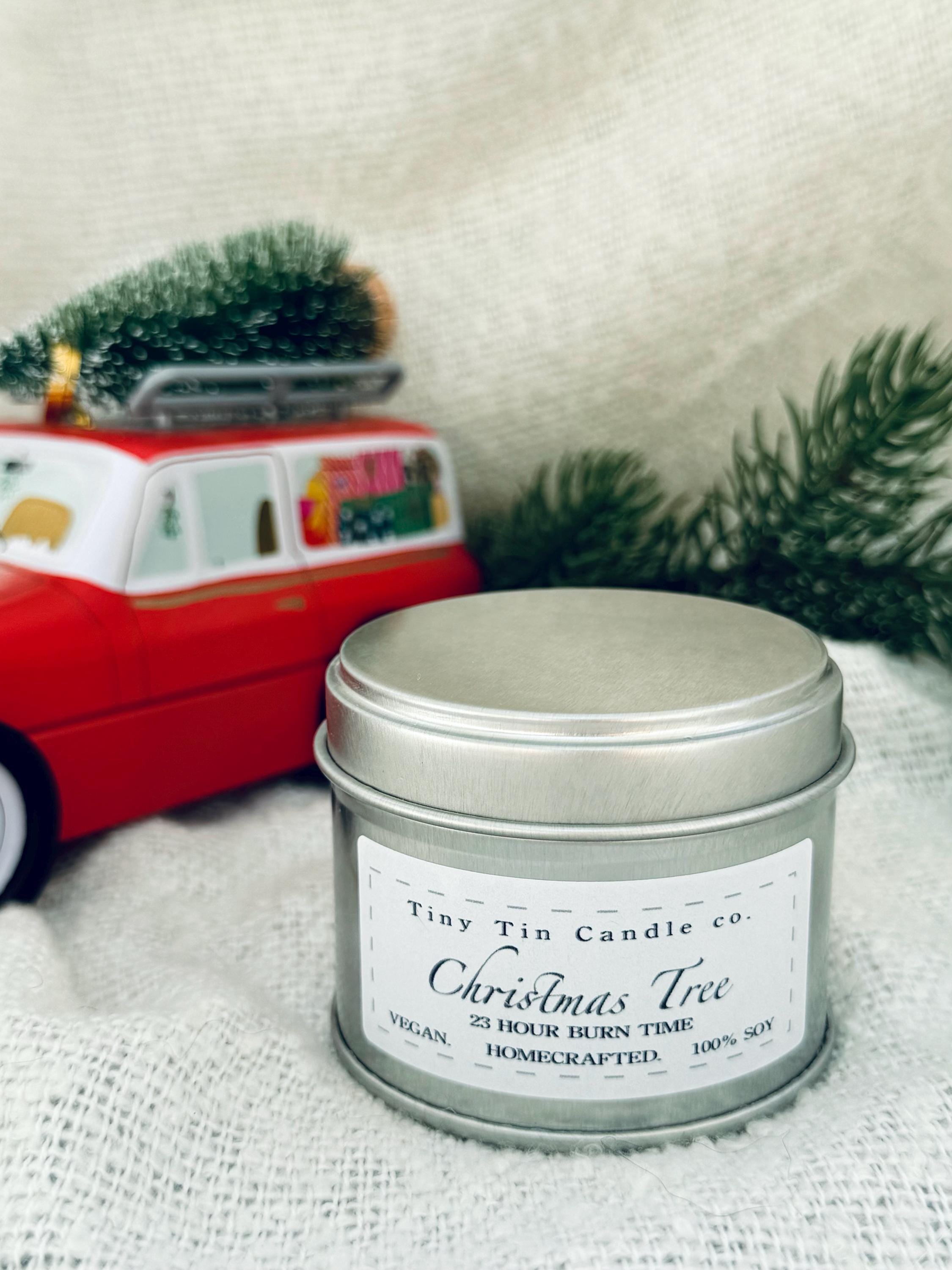 Handmade Candle Christmas Tree 100ml Soy Tin Candle. Front and top of candle on display