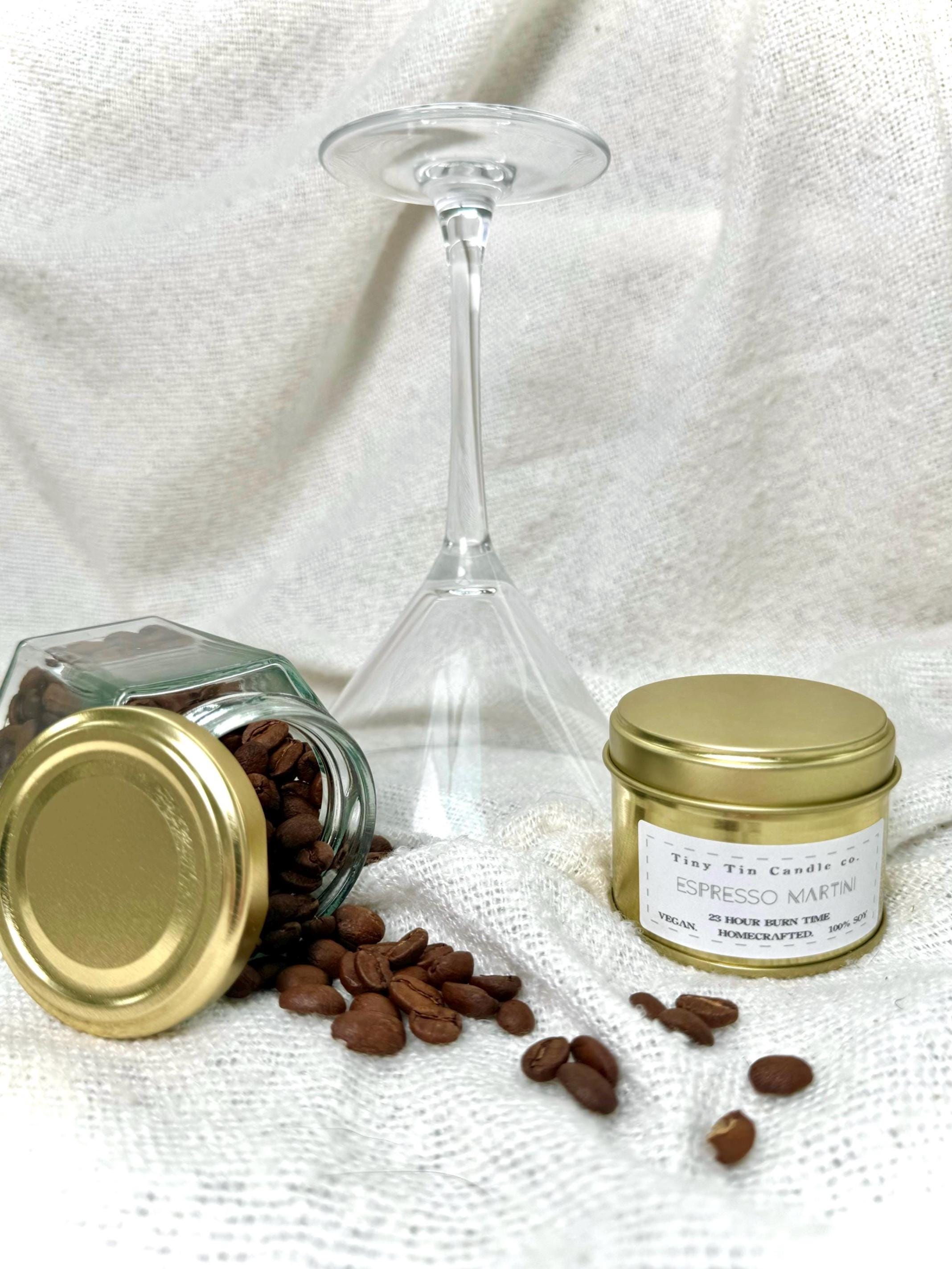 Homemade Candle Espresso Martini 100ml Tin Candle. front of candle with lid
