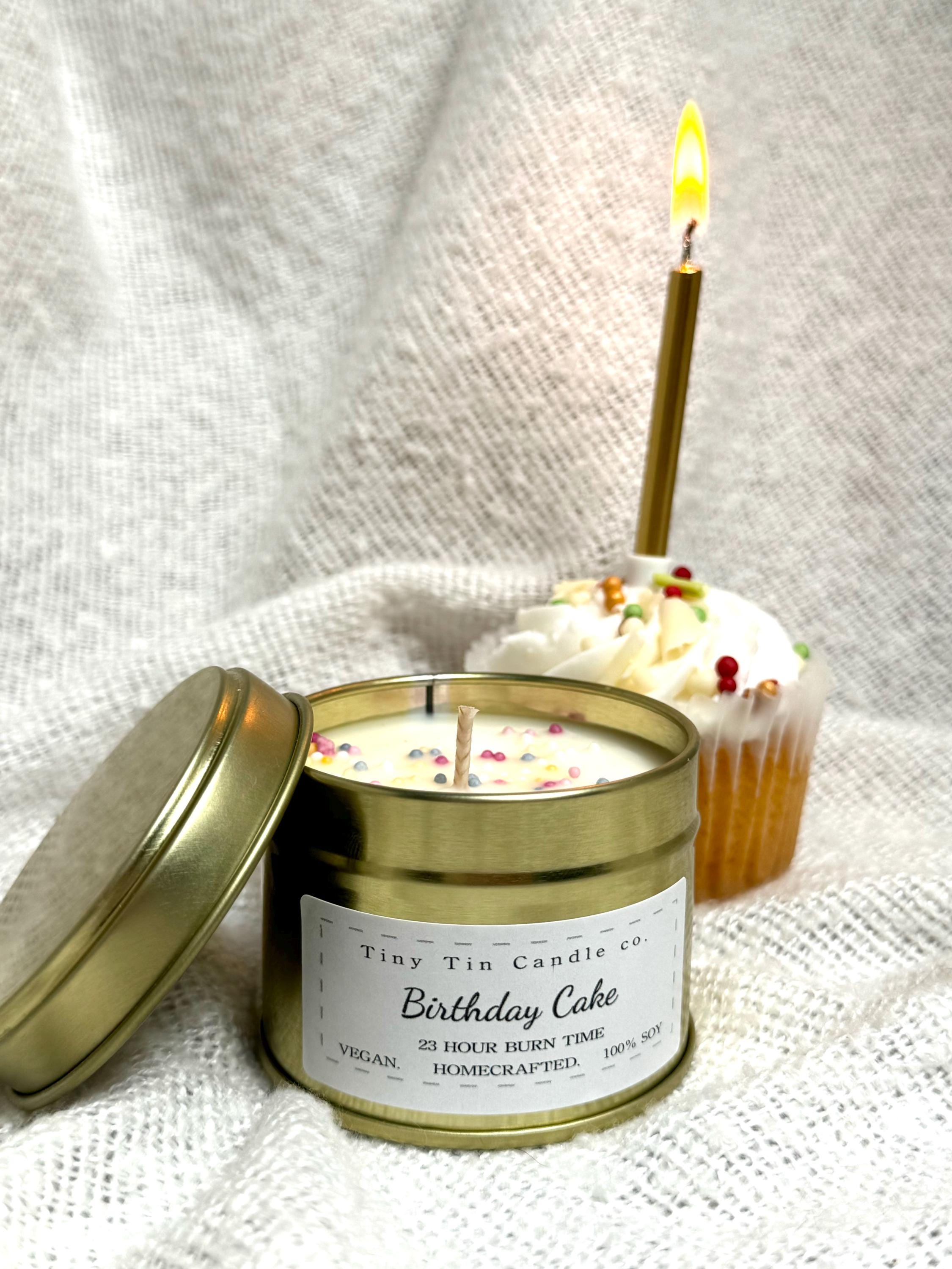 Homemade Candle Birthday Cake fragrance 100ml rose gold tin with birthday cake white and black label Top of Candle
