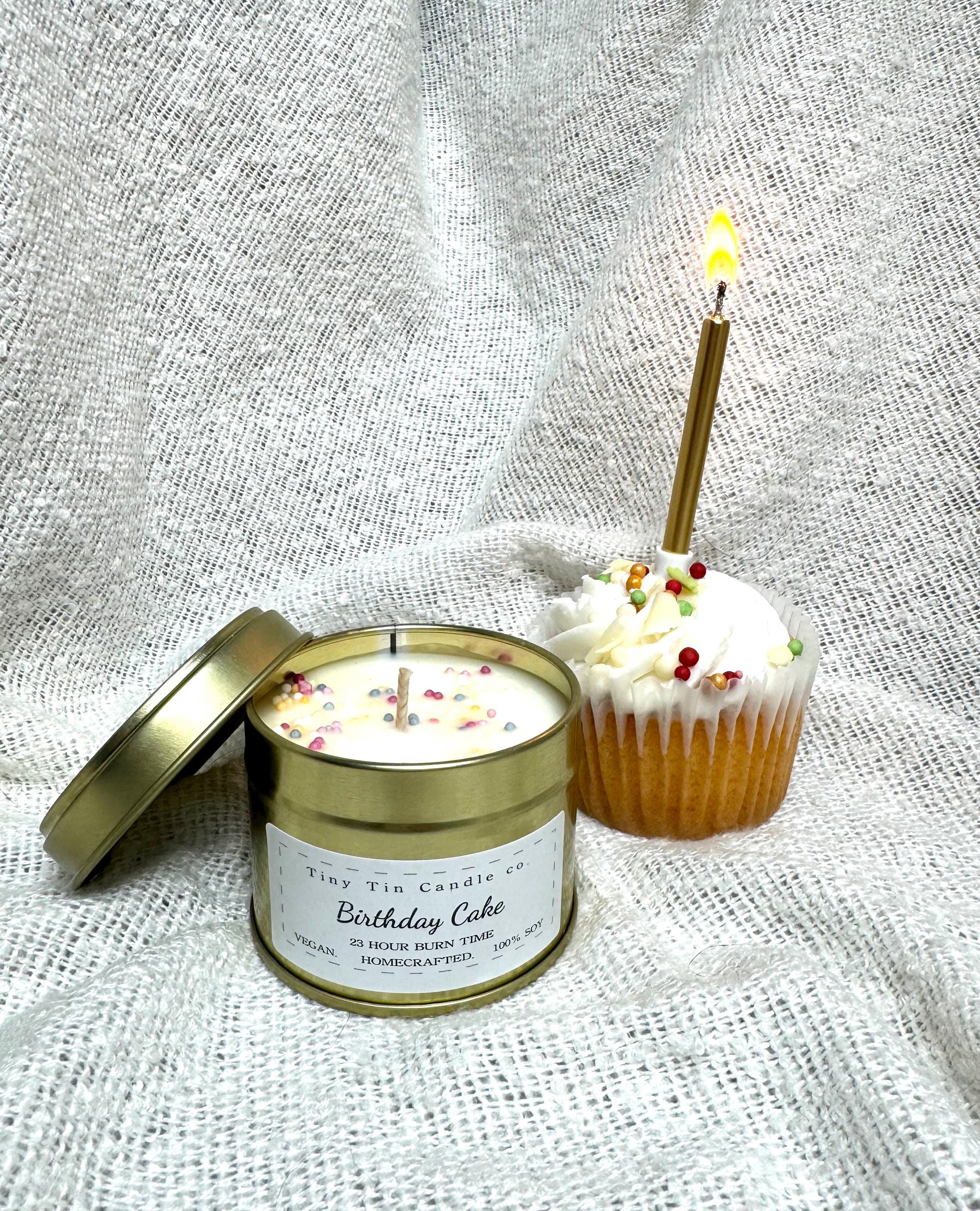 Homemade Candle Birthday Cake fragrance 100ml rose gold tin with birthday cake white and black label Front of Candle