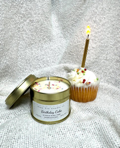 Homemade Candle Birthday Cake fragrance 100ml rose gold tin with birthday cake white and black label Front of Candle