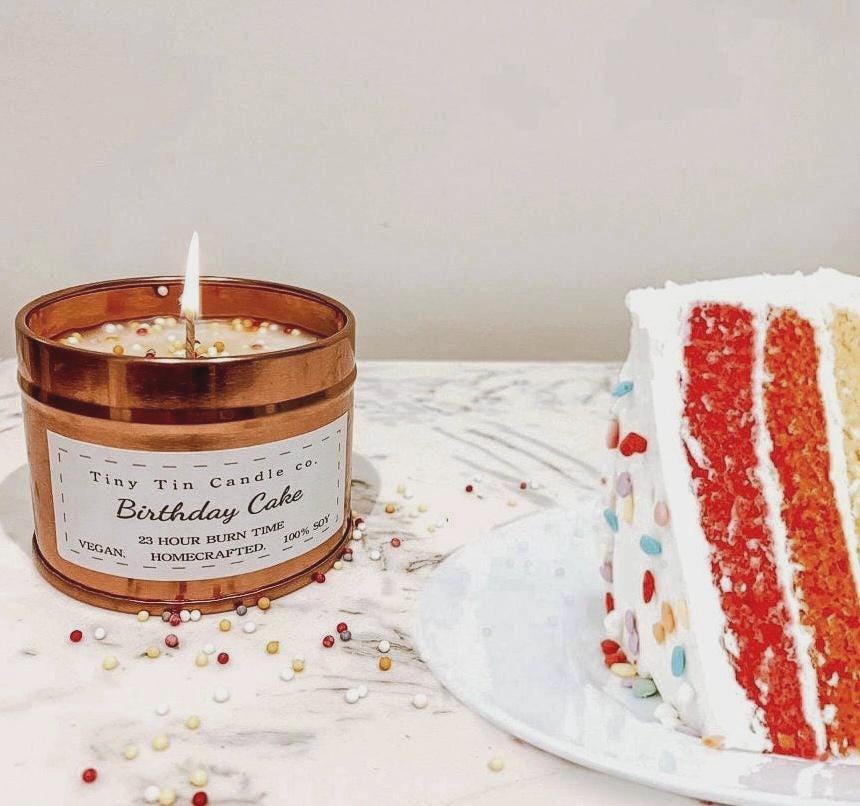 Homemade Candle Birthday Cake fragrance 100ml rose gold tin with birthday cake white and black label