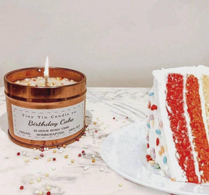 Homemade Candle Birthday Cake fragrance 100ml rose gold tin with birthday cake white and black label