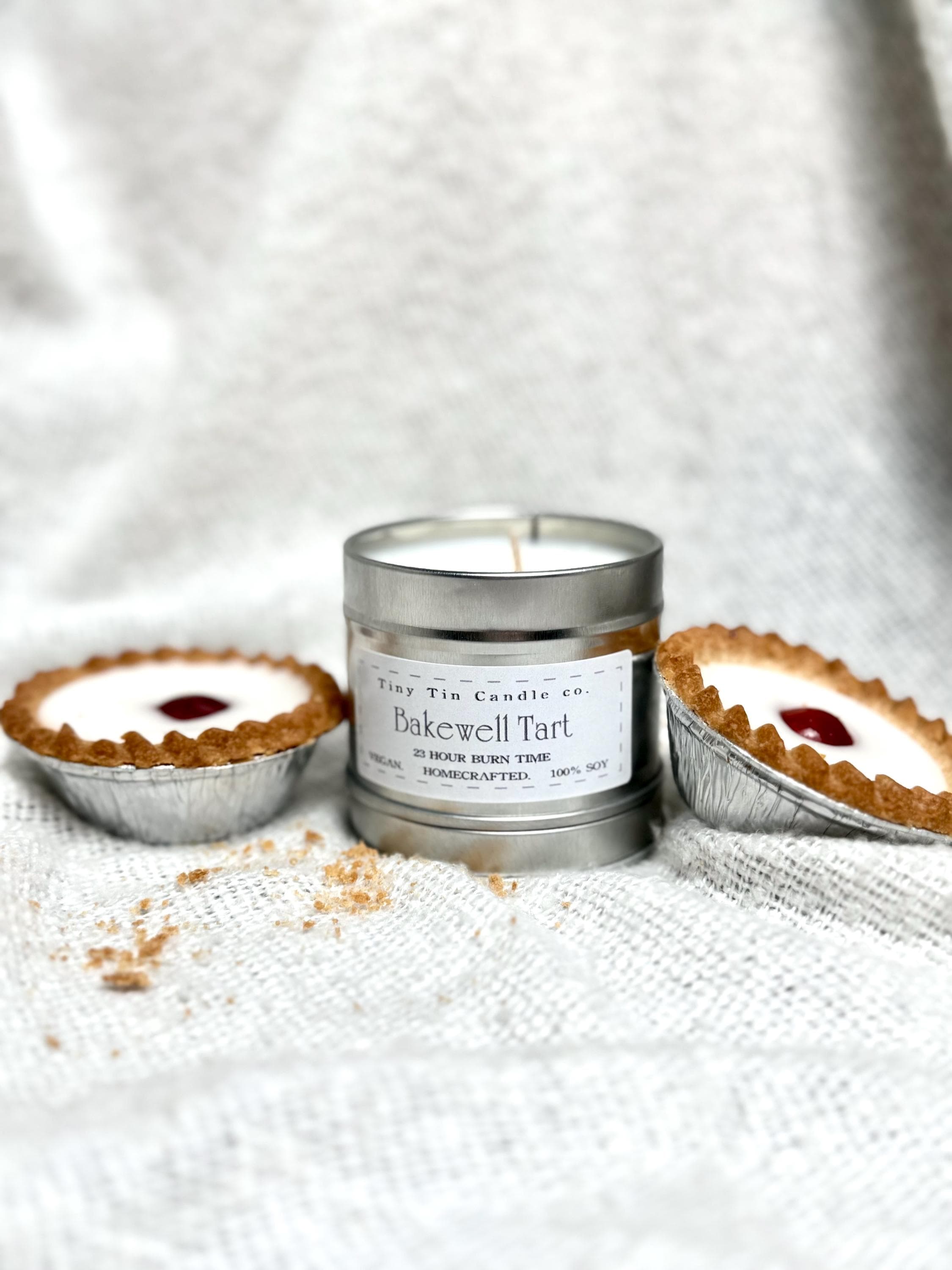 Homemade Candle Soy Tin Candle Bakewell Tart 100ml , top of candle and lid