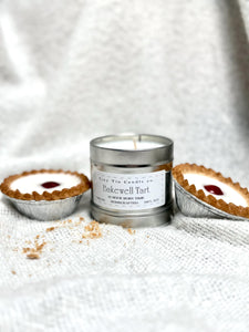 Homemade Candle Soy Tin Candle Bakewell Tart 100ml , top of candle and lid