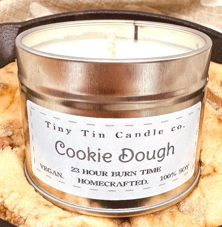 Homemade Candle Cookie Dough Soy Tin Candle 100ml, candle on its side to show bottom and front