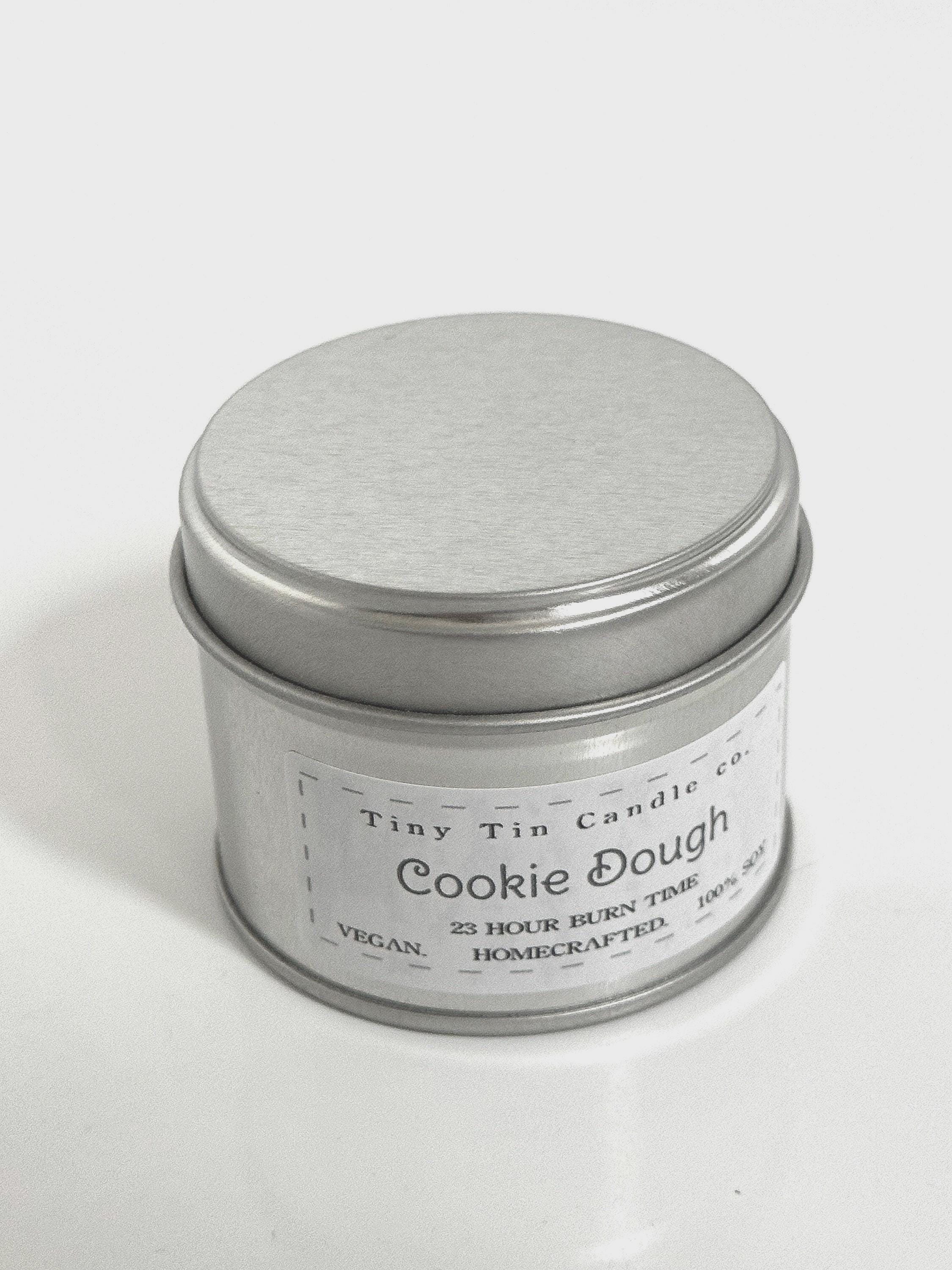 Homemade Candle Cookie Dough Soy Tin Candle 100ml, front of candle with lid on