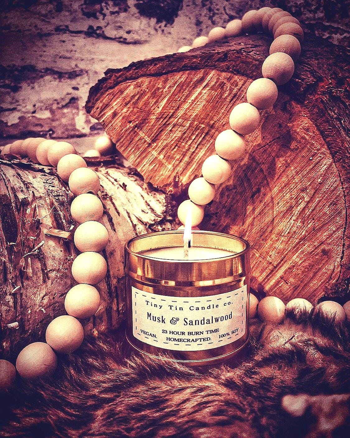 Musk and Sandalwood Candle - 100ml Tin | Masculine & Earthy Scent | Handmade Soy Candle | Perfect Christmas Gift