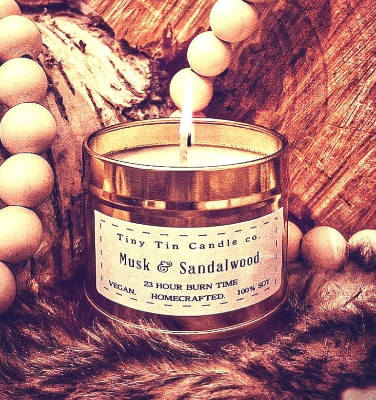 Musk and Sandalwood Candle - 100ml Tin | Masculine & Earthy Scent | Handmade Soy Candle | Perfect Christmas Gift