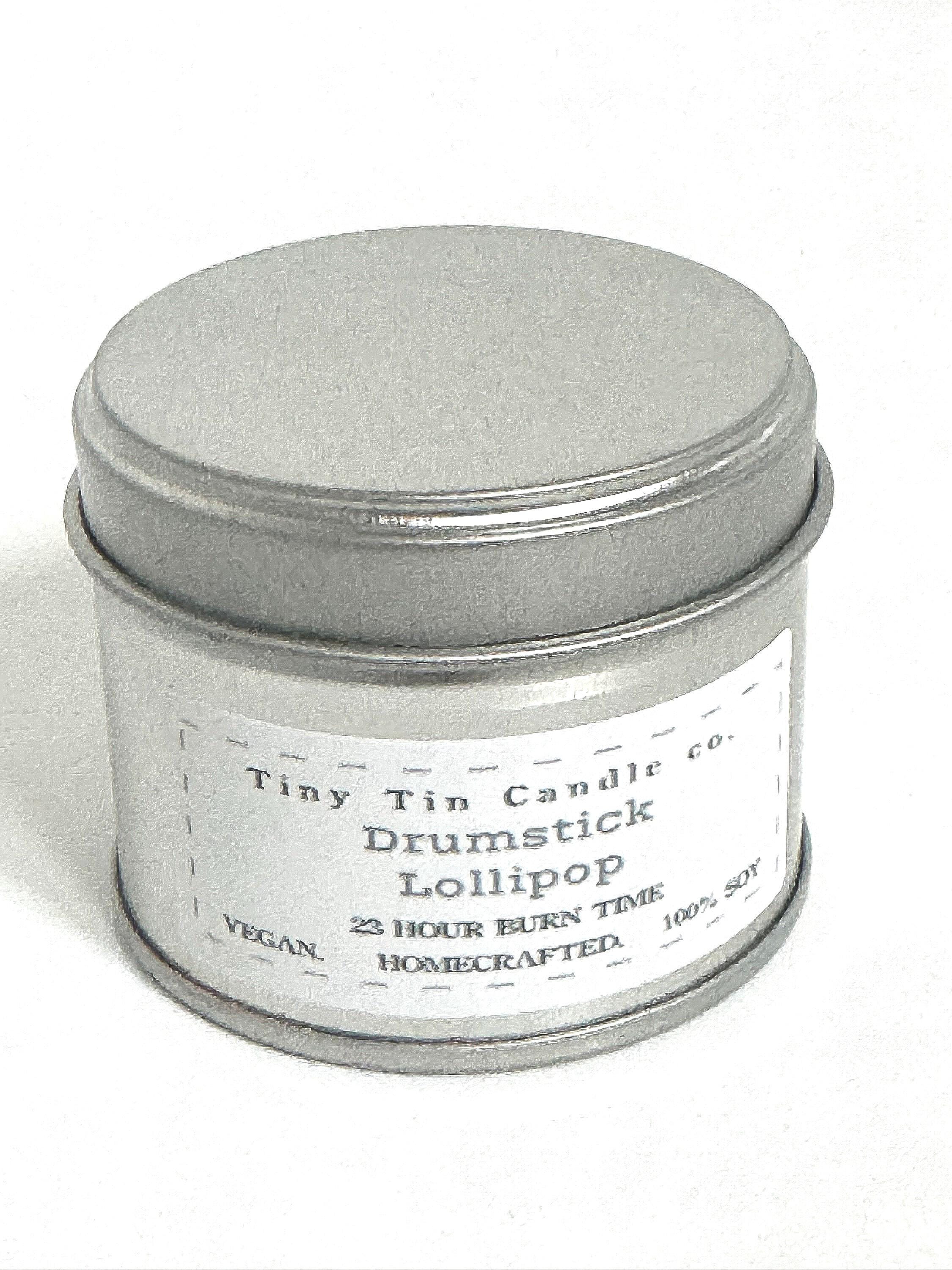 Homemade Candle Drumstick Lollipop Soy Tin Cande 100ml. Front of tin with lid