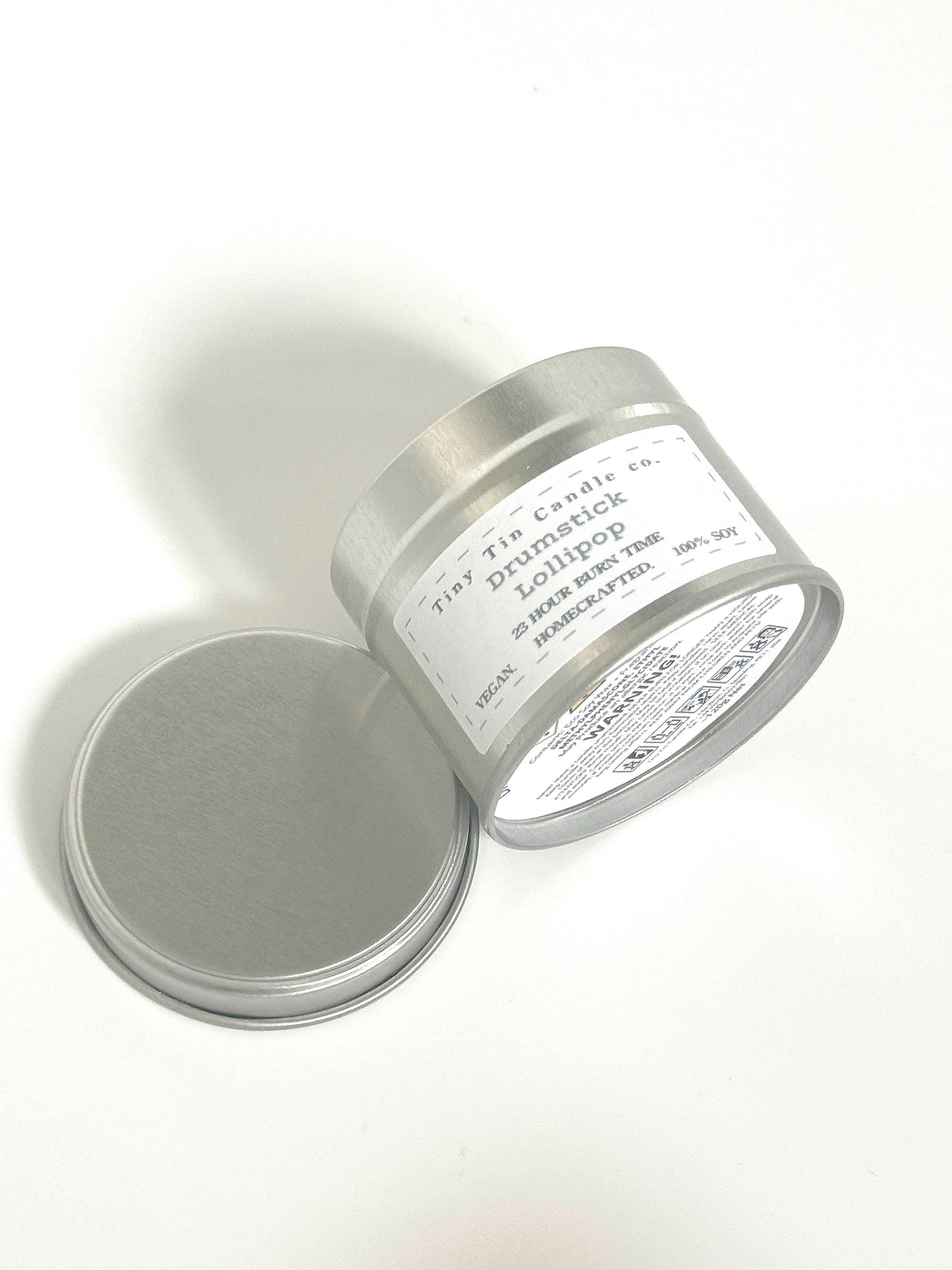 Homemade Candle Drumstick Lollipop Soy Tin Cande 100ml. Showing top of candle 