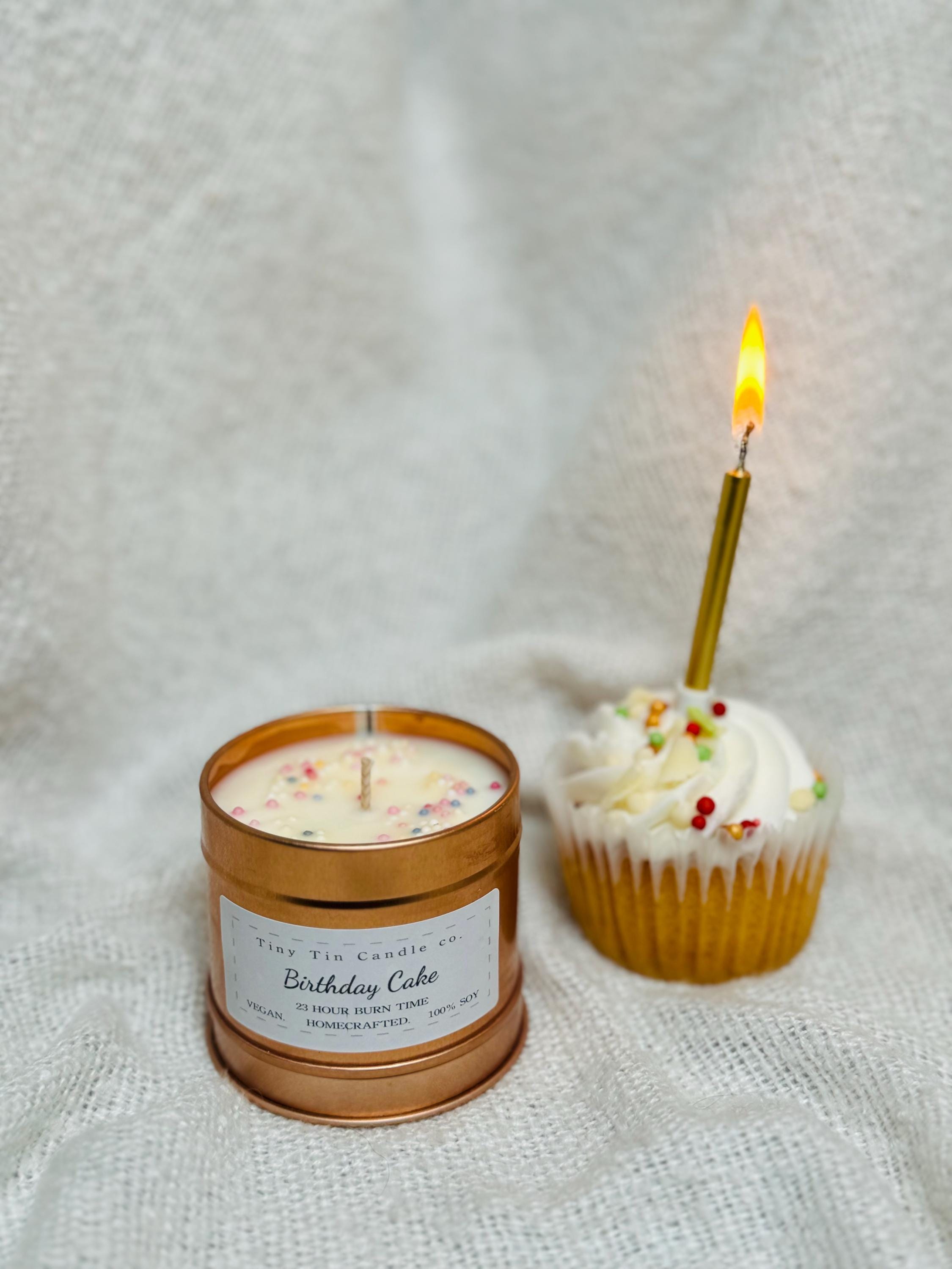 Homemade Candle Birthday Cake fragrance 100ml rose gold tin with birthday cake white and black label side and bottom of candle