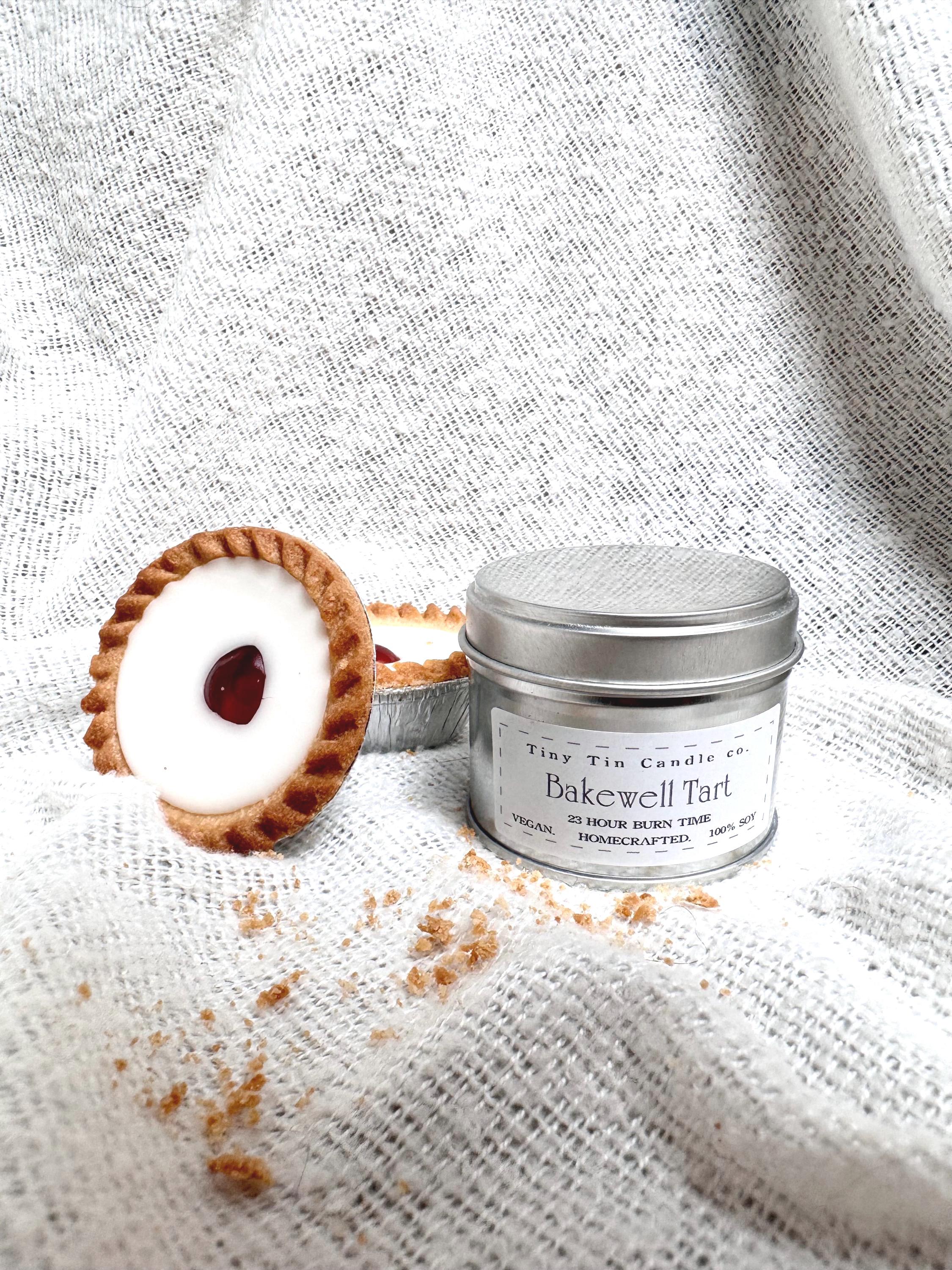 Homemade Candle Soy Tin Candle Bakewell Tart 100ml  front of candle 