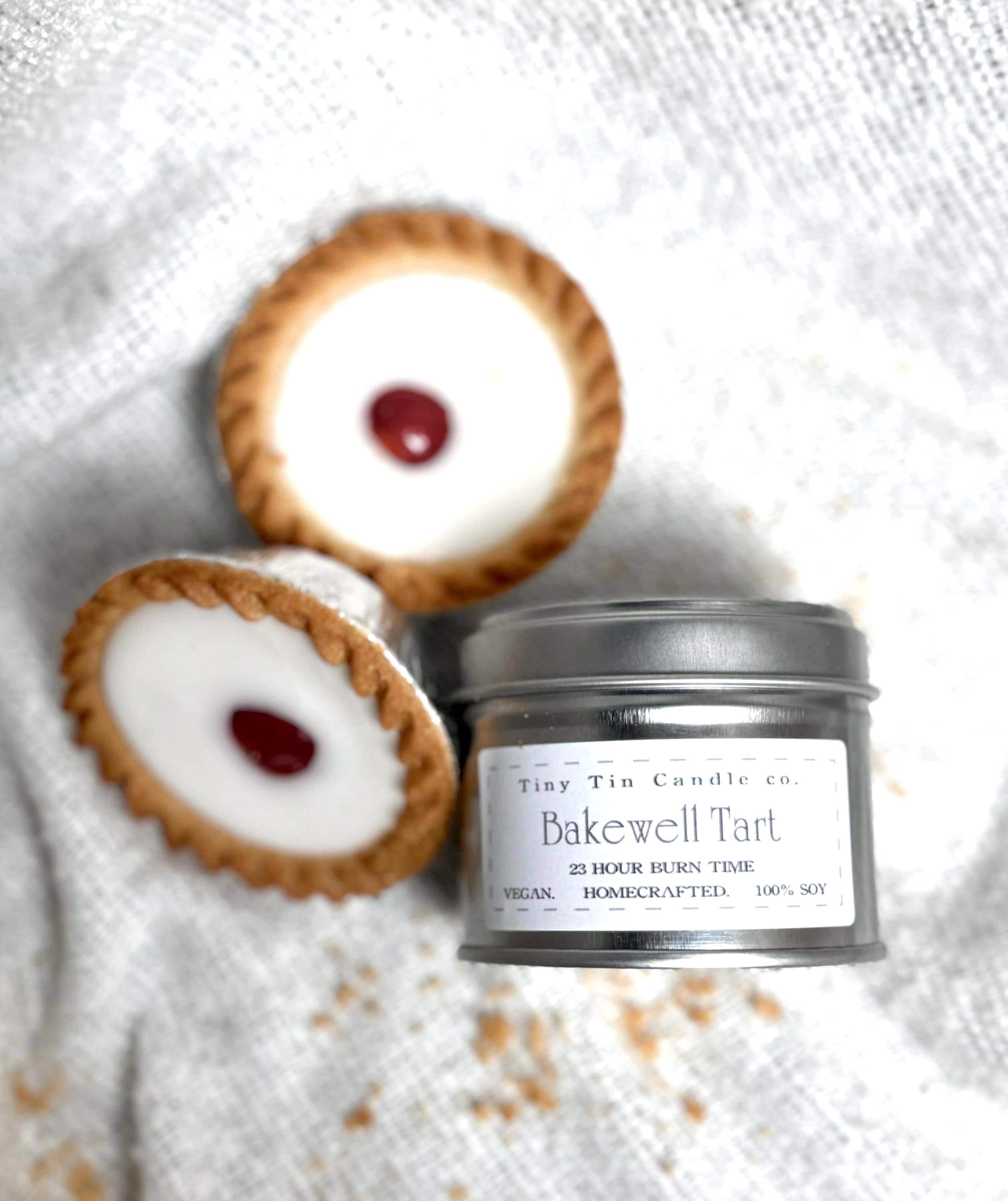 Homemade Candle Soy Tin Candle Bakewell Tart 100ml , candle on its side 