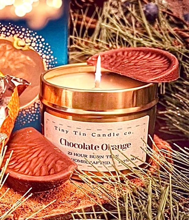 Homemade Candle Chocolate Orange Soy Candle 100ml Tin, front of candle with lid leaning against it 