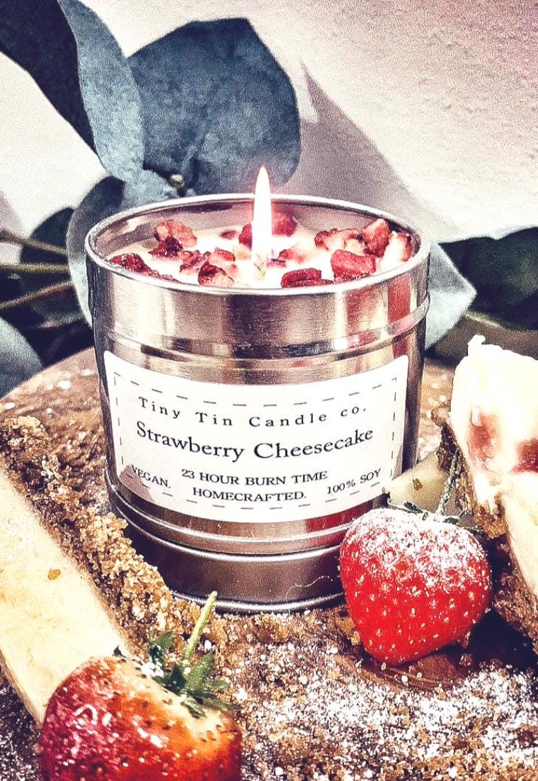 Strawberry Cheesecake Candle - 100ml Tin | Sweet & Creamy Scent | Handmade Soy Candle | Perfect Christmas Gift