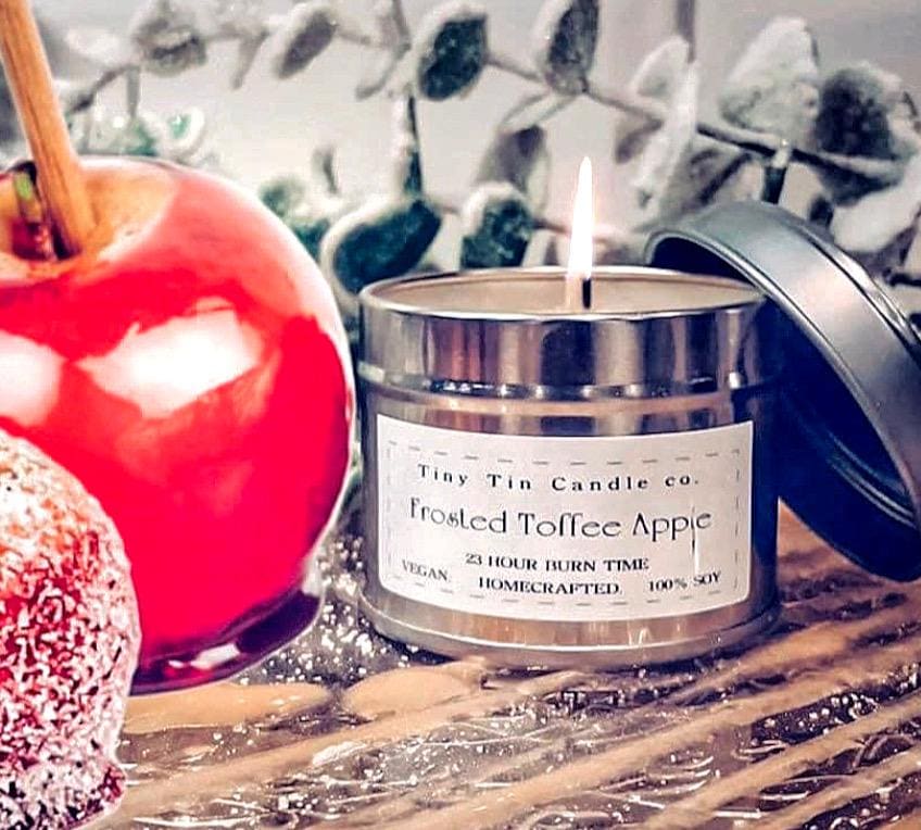 Homemade Candle Frosted Toffee Apple Soy Tin Candle 100ml . front of candle with lid on.