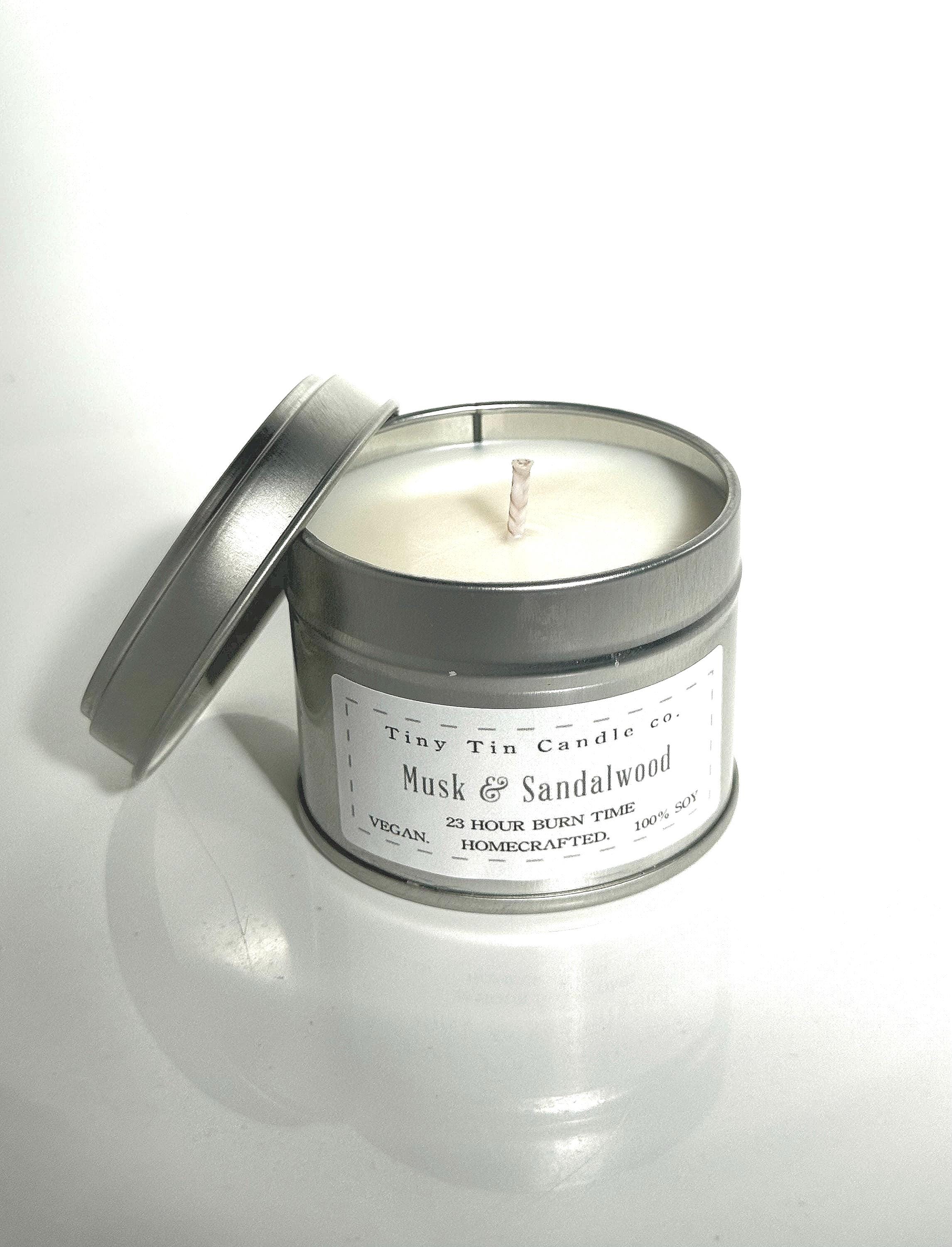 Musk and Sandalwood Candle - 100ml Tin | Masculine & Earthy Scent | Handmade Soy Candle | Perfect Christmas Gift