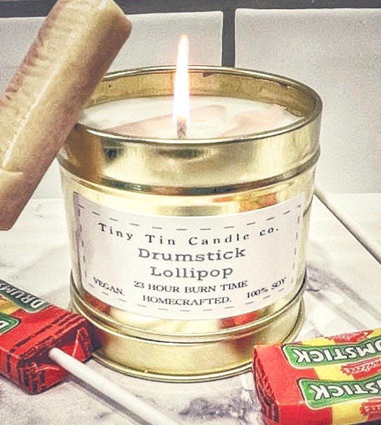 Drumstick Lollipop Candle - 100ml Tin | Sweet & Nostalgic Scent | Handmade Soy Candle | Perfect Christmas Gift