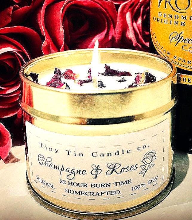 Champagne and Roses Candle - 100ml Tin | Floral & Celebratory Scent | Handmade Soy Candle | Perfect Gift | Christmas Gift