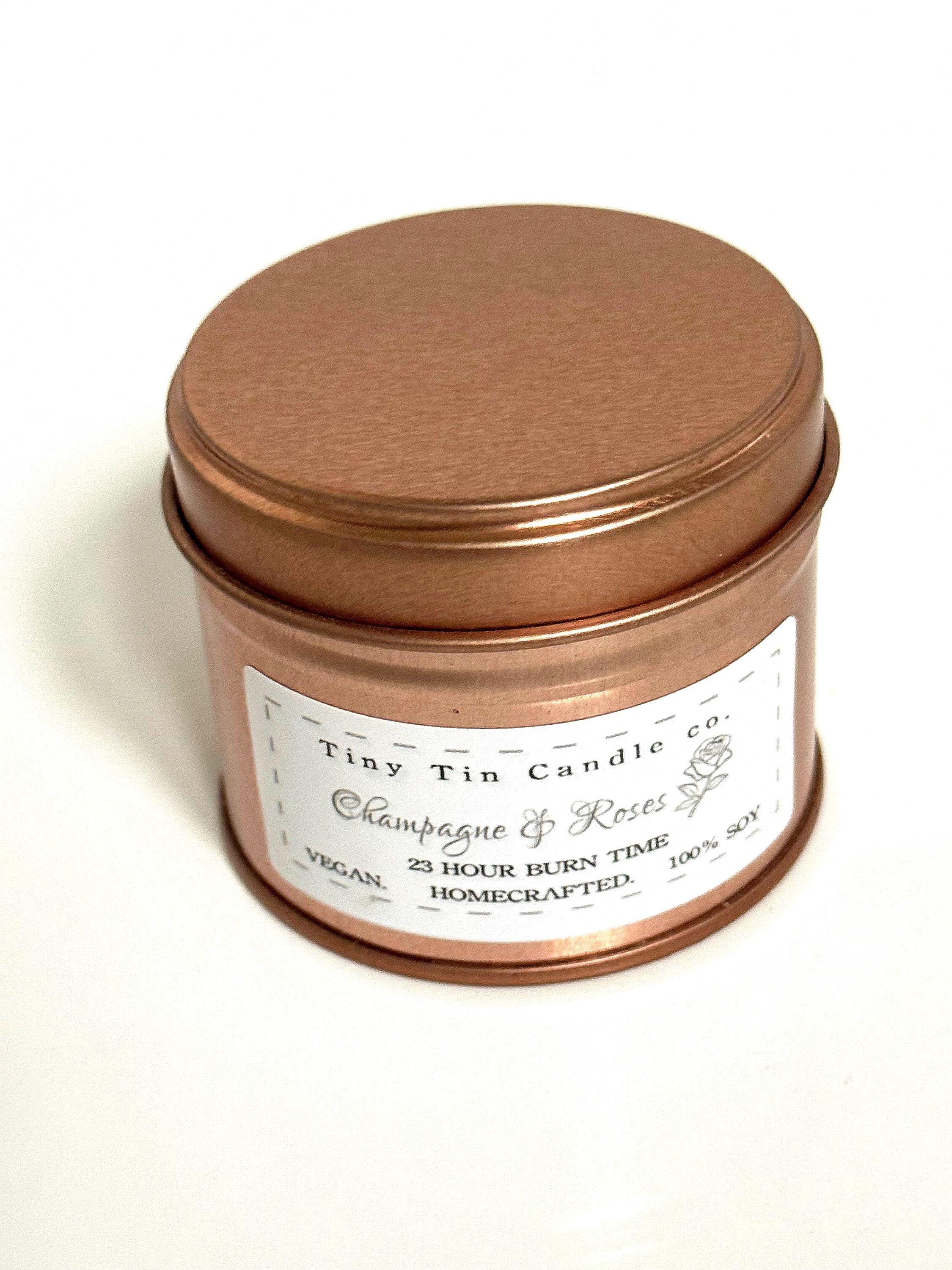 Homemade Candle Champagne & Roses Soy Tin Candle 100ml Tin, front and top of candle can be seen.
