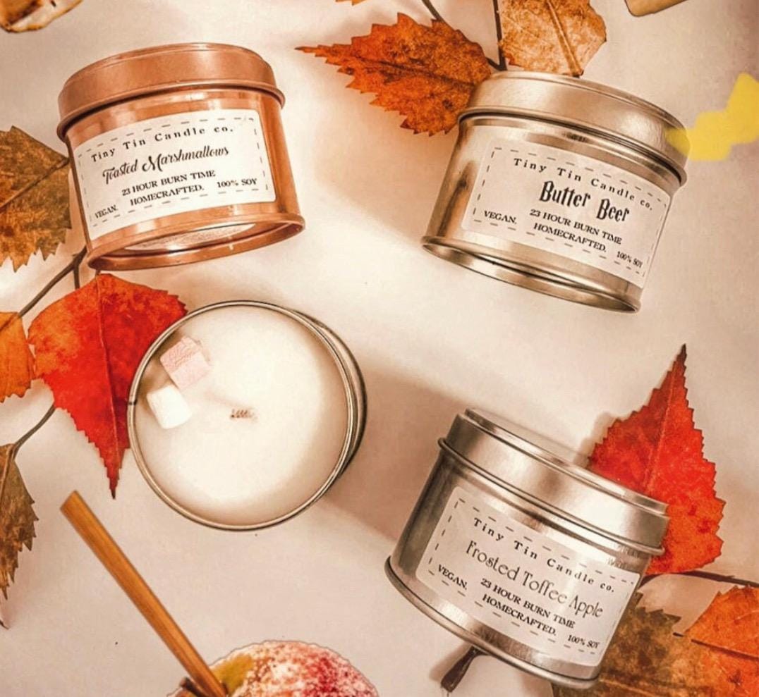 Set of 3 Autumn Treats Candles - Toffee Apple, Butter Beer, Toasted Marshmallow | 100ml Tin Soy Candles | Perfect Gift