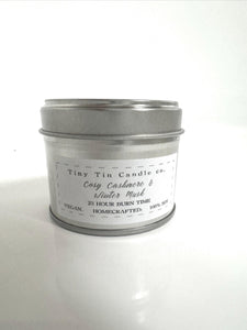Homemade Candle Cosy Cashmere & Winter Musk 100ml Soy Tin Candle , front of candle with lid on 